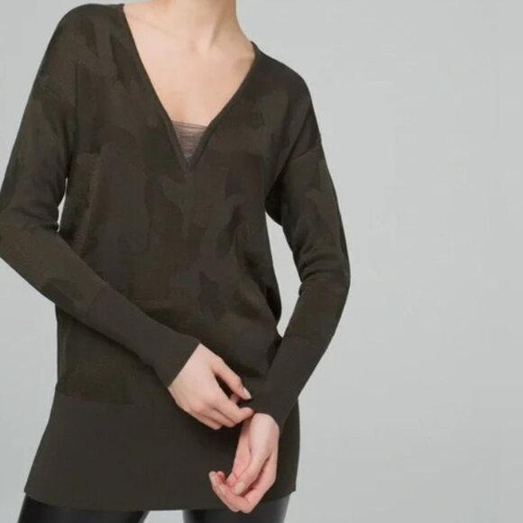 White House Black Market Sweaters - WHBM Green Camouflage Jacquard Print Tunic Sweater V-Neck Size SP